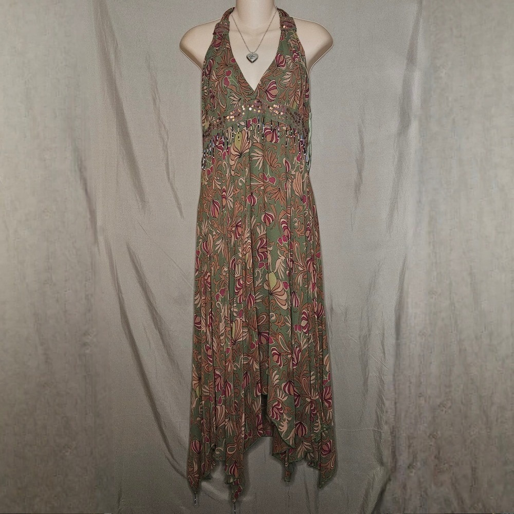 Temptation Halter Maxi Dress Floral Sequin Beaded Boho